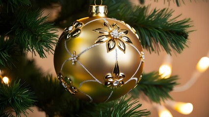 Festive, close-up photograph of a Christmas ornament hanging on a tree. The ornament is a large, glossy gold bauble with intricate gold detailing, including floral patterns and decorative elements. 