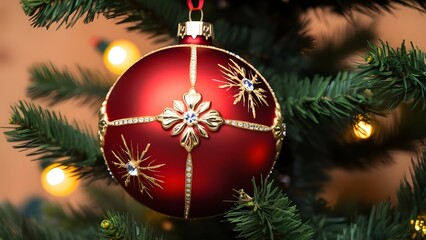 Festive, close-up photograph of a Christmas ornament hanging on a tree. The ornament is a large, glossy red bauble with intricate gold detailing, including floral patterns and decorative elements. 