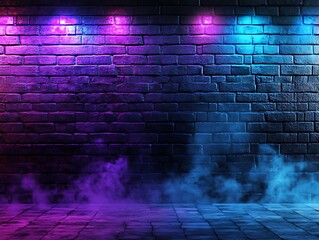 Dark brick wall with neon purple and blue lights, smoke adding a mysterious touch to the empty room set up for product showcasing.