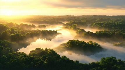 Serene Aerial View of Misty River Through Lush Green Forest Landscape