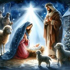 Birth of Jesus Christ - Nativity of Jesus - Catholic, Jewish Christian, New Testament - Joseph, Virgin Mary birth of Baby Christ Child of God in Stables of Bethlehem with Shepherds - Winter Solstice