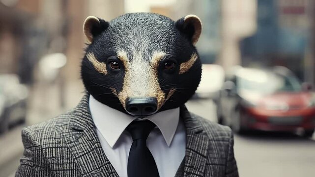 classy animal honey charismatic anthropomorphic badger tie dressed elegant suit high patterned  portrait video  attitude posing human fashion confident raccoon