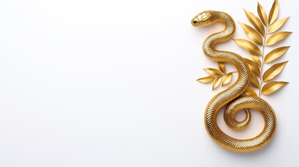 Fototapeta premium golden snake made of gold leaf coils elegantly beside golden leaves, creating luxurious and artistic composition. This striking design adds touch of opulence to any setting