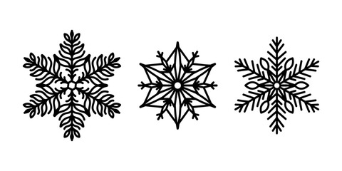 Beautiful snowflakes set, detailed hand drawn flat vector line illustration. Graphic outline drawing. Christmas and New Year symbol. Unique snowflake silhouette icon for frosty winter designs.