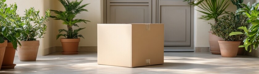A cardboard box sits on a porch surrounded by potted plants, highlighting a serene and welcoming entrance.