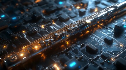 Glowing Flute integrated on circuit board, symbolizing harmony and peace in advanced technology