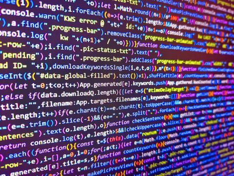 Javascript code. Background image. Blue background with abstract stock diagrams. Data encryption security code on a computer display. Developer display with source code. Blue software developer.