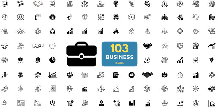 Collection of business automation icons. Includes process, digital transformation, productivity, technology, business, and integration icons. Set of 103 outline icons related to business. 