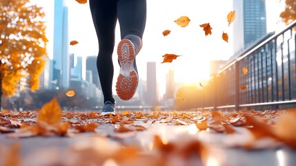 A runner jogging through a city park at sunrise, showcasing determination and fitness goals