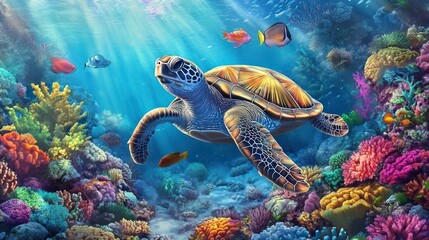 Sea Turtle in a Vibrant Coral Reef