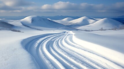 Snow covered hills and a winding snowmobile trail