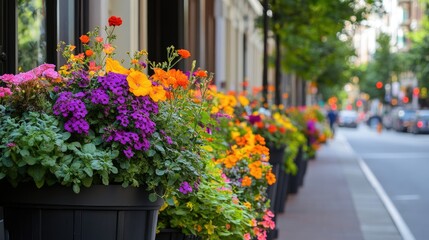 Vibrant Flower Planters Lining City Street in Full Bloom and Color