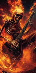 Fototapeta premium A skeleton is playing a guitar in a fiery scene. Scene is intense and dramatic