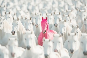 Obraz premium A herd of white horses with a pink horse standing out. The pink horse is the only one with a different color