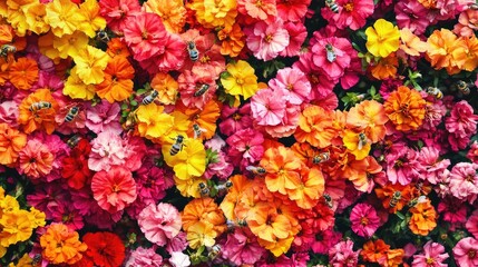 Vibrant Blooms with Busy Bees in a Colorful Floral Garden Scene