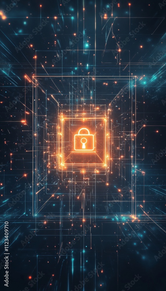 Poster glowing lock symbolizing digital firewall with nodes representing cybersecurity and data protection
