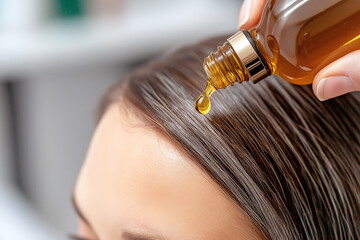 Fototapeta premium Close up of hair oil drop being poured onto shiny hair, showcasing nourishing effect of oil. image captures moment of self care and beauty routine