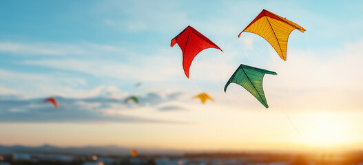 Colorful kites flying in sky during sunset, creating vibrant scene. bright colors of kites contrast beautifully against soft clouds and warm light