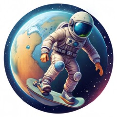 Astronaut Riding Skateboard in Outer Space with Planet Background