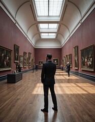 Man in formal suit observing classical paintings in an art gallery with vaulted glass ceiling. Interior photography of museum exhibition space showcasing framed artworks. Cultural appreciation and art