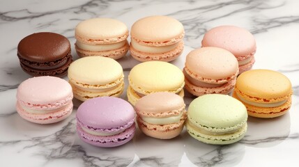 Fototapeta premium Colorful Macarons Arranged on Marble Surface for Dessert Display