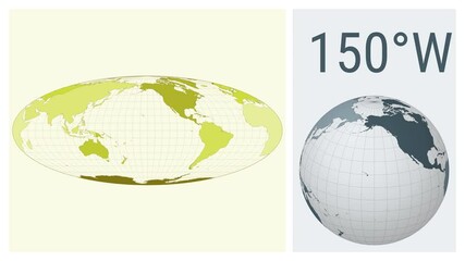 World Map Animation. Bromley projection. Colored continents style. Animated world map in Bromley projection. Loopable animation showing longitude shift and matching globe.