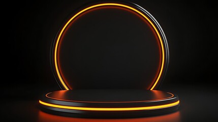 3D black and orange neon podium with a cyberpunk circular background, designed for futuristic and engaging product showcases.