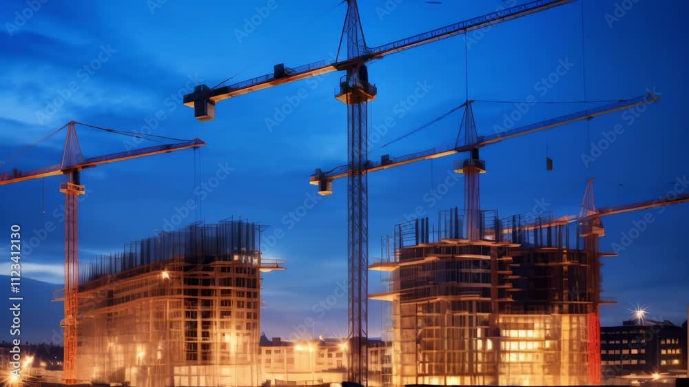Aufkleber construction cranes working on modern buildings during dusk, showcasing the dynamic essence of urban
