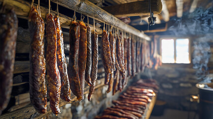Rows of traditional cured meat strips hanging on wooden racks in a rustic smokehouse.