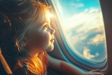 Young girl gazes out of airplane window, filled with joy and wonder on family vacation journey