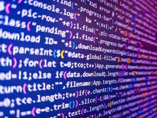 Ad with work for developer. Background of program code. Search for encryptions in binary data. Programmer developer screen concept. Blue software developer. Demand for experienced programmers.