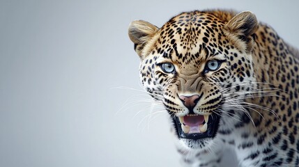 Fototapeta premium Aggressive leopard stalking prey studio setting wildlife photography neutral background close-up view animal behavior concept