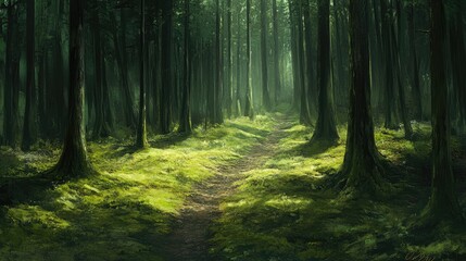 Obraz premium Sunlit Forest Pathway Surrounded by Lush Green Trees and Moss