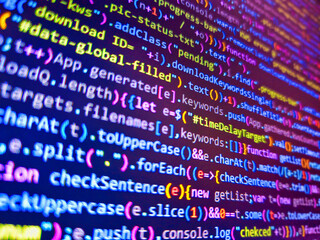 Green binary code on computer screen texture background. Blue screen of death on the monitor. Binary code. Programming code with black background. Developer display with source code. Blue color.