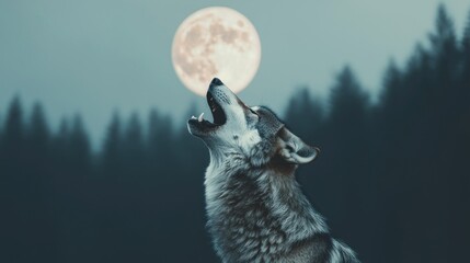 Obraz premium Wolf howling under full moon forest landscape wildlife photography nighttime atmosphere captivating nature concept