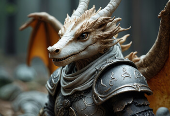 A dragon knight statue wears ornate armor and a grey scarf.
