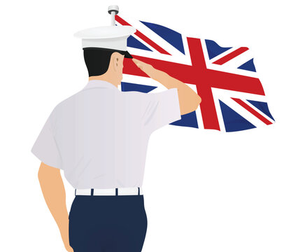 Soldier saluting Great Britain flag. vector