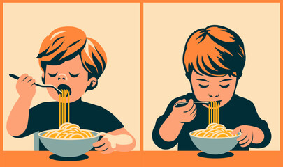 A flat simple vector illustration. Baby boy eats pasta, spaghetti, fettuccine.