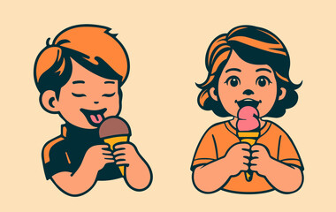 Silhouettes of a boy and a girl eating ice cream in a waffle cone. Flat simple illustration. Vector