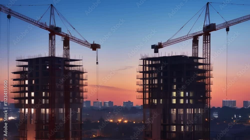 Poster two cranes working diligently on modern skyscrapers at sunset, showcasing a dynamic scene of urban d