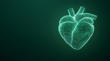 Obraz premium Digital Representation of a Heart in Green Neon Style with Grid and Lines Against a Dark Background