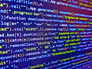 Code background. Website codes on monitor. Closeup tablet screen technology background. Light up...