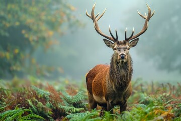 Naklejka premium A regal stag with impressive antlers stands amidst lush ferns in a foggy forest at dawn, embodying the tranquil beauty of nature.