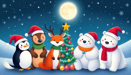 Fototapeta premium Animals celebrate Christmas Eve. white bear, penguin, deer, raccoon