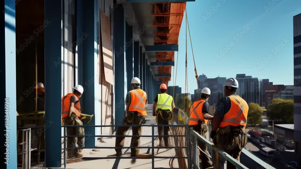 Aufkleber construction workers wearing safety vests and helmets are working on a skyscraper on a sunny day, co
