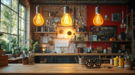 Obraz premium 3D design of an innovative idea emerging from a designerâ€™s creative mind, with lightbulbs, gears, and abstract elements representing brainstorming, smart design thinking, and creativity.