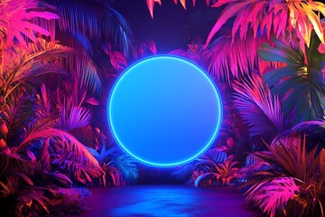 Dynamic neon tropical scene with colorful lighting effects and a large blue circle in the center for text.