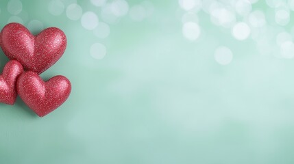 Fototapeta premium Shimmering Red Hearts on Soft Mint Background with Bokeh Effect for Romantic Themes and Celebrations