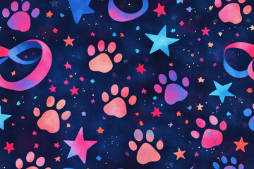 Fototapeta premium Colorful cat paw prints and stars arranged on a dark blue textured background with a whimsical and playful aesthetic