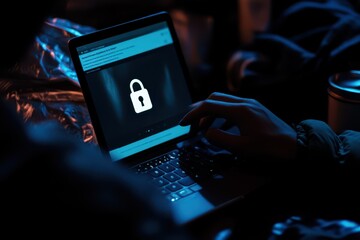 A person interacting with a smartphone and laptop, featuring a white padlock icon for internet...